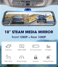 Load image into Gallery viewer, Jansite 10 inches Touch Screen 1080P Car DVR stream media Dash camera Dual Lens Video Recorder Rearview mirror 1080p Rear camera
