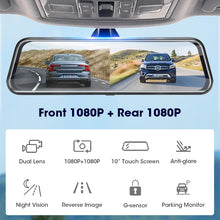 Load image into Gallery viewer, Jansite 10 inches Touch Screen 1080P Car DVR stream media Dash camera Dual Lens Video Recorder Rearview mirror 1080p Rear camera
