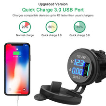 Load image into Gallery viewer, QC 3.0 USB Charger Socket Outlet Power Charger Blue LED Digital Display Car Cigarette Lighter For Motorcycle Auto Truck ATV Boat
